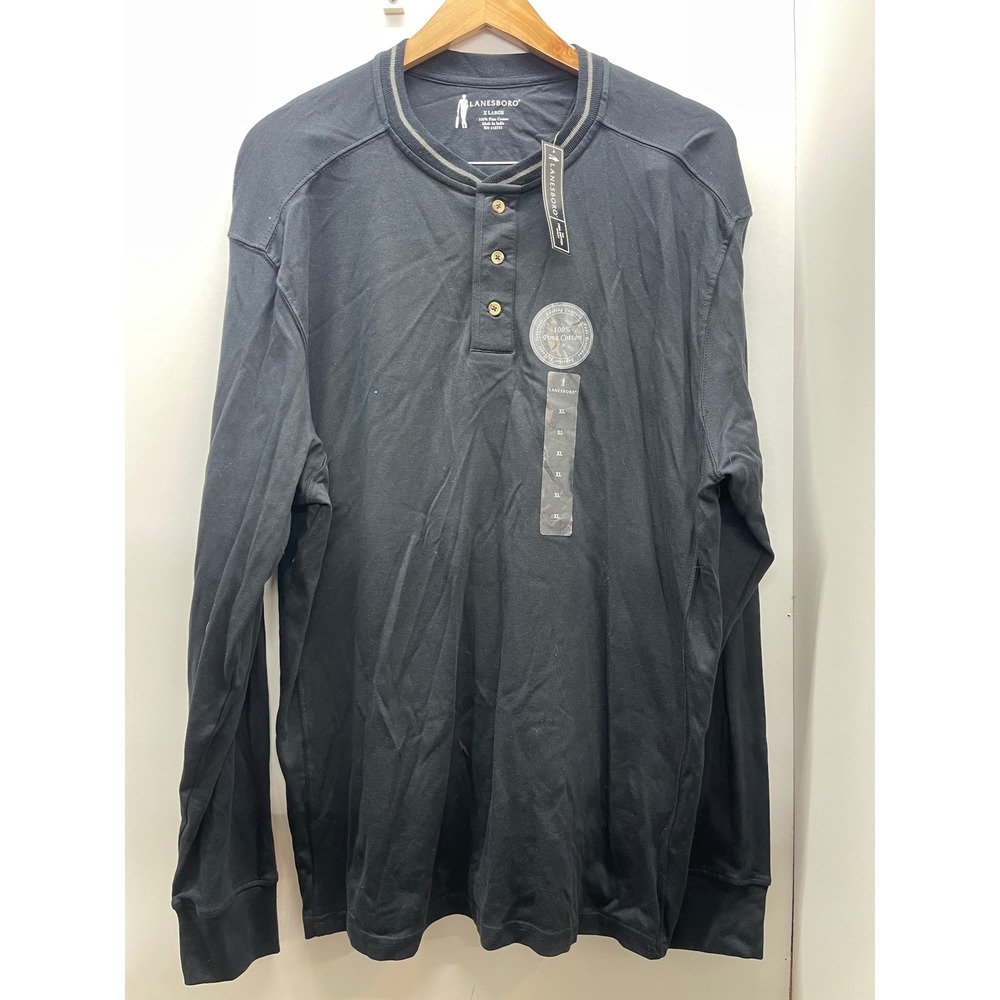 Lanesboro Mens XL Black 100% Pima Cotton Long Sleeve Henley Shirt NWT